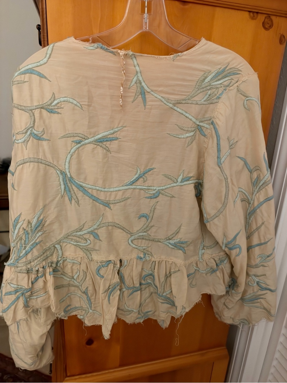 Magnolia Pearl Beige Blouse with Blue-Green Vine Embroidery